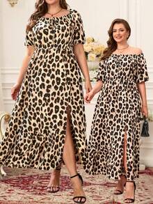 EMERY ROSE Chic Plus Size Leopard Print Midi Dress Off Shoulder Bishop Sleeve Slit Hem A Line Casual Style - Multicolor - View 2