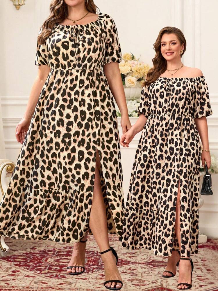 Chic Plus Size Leopard Print Midi Dress Off Shoulder Bishop Sleeve Slit Hem A Line Casual Style