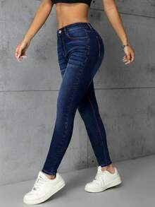 Jeanoix 女士口袋修身休闲百搭牛仔裤 - 深色水洗藍 - 查看 4