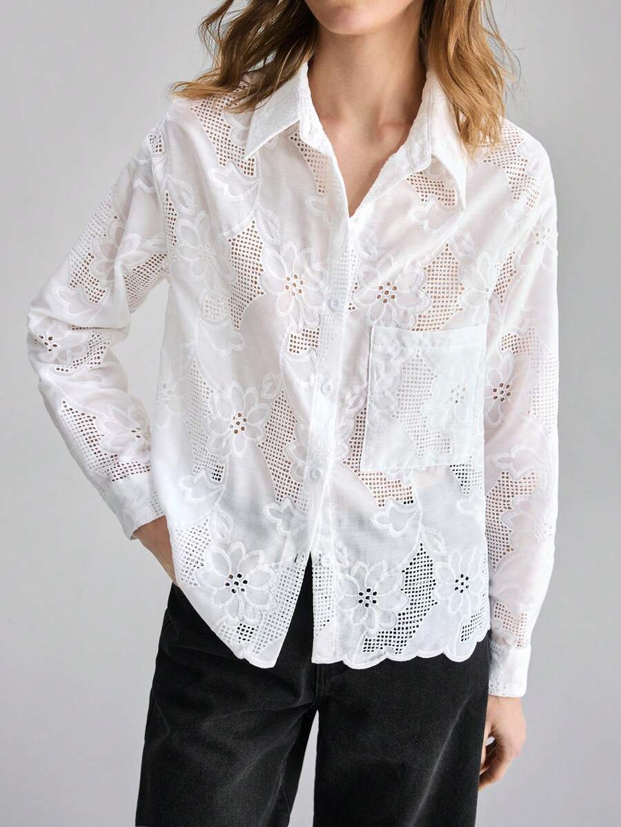 Ontre 2026SS New Women's Embroidered Long Sleeve Shirt, Suitable For Modern Urban Parties, Back To School Season, Urban Minimalist Casual Daily Wear, Bohemian Style, Vacation, Festivals, Spring Lace Button Up Shirt White Button Up Women - White - View 1