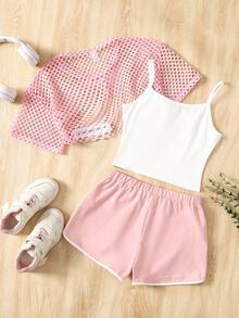 SHEIN 3件套少女夏季休闲度假运动日常通勤字母印花吊带背心、网纱透视上衣和海豚短裤 - 粉色 - 查看 2