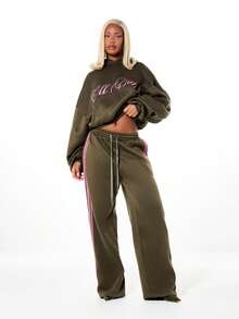 SUMWON WOMEN Áo Hoodie Oversized in chữ Off Duty, dây rút, túi giữa, phong cách đường phố thường ngày, áo nỉ chui đầu mùa đông thu. - xanh quân đội - Xem 4