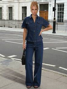 Siren Gaze Women's Navy Blue Denim Suit: Fitted Denim Shirt + Straight Leg Jeans; Summer Casual Suit, - Dark Wash - View 4