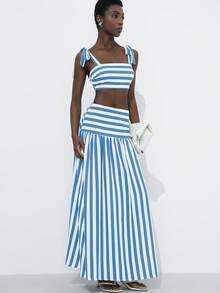 Aveloria Modichic New Fashion Vacation Beach Chic Women's Sexy Classic Contrast Stripe Bandeau Bowknot Strap Cropped Top Paired With High-Waisted Skirt, 2 Piece Set - Blue - View 2