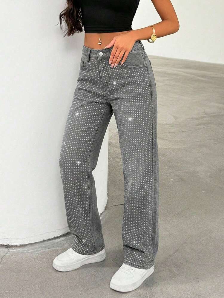 Vintage Wash Scattered Diamante Detail Wide Leg Jeans&Spring Outfits&Mid Rise Jeans&Festival Outfits&Summer Bottoms&Rhinestone Jeans - Grey - View 3