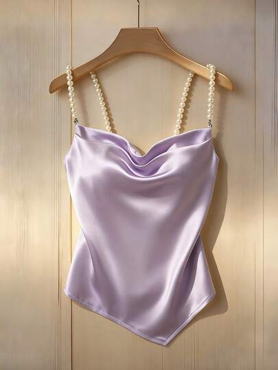 Franclia Women's Elegant Fashion Commuter Versatile Pearl Decor Satin Shiny Asymmetric Camisole Top, Spring/Autumn