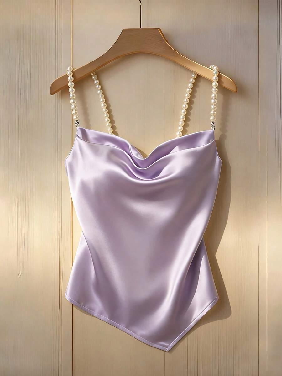 Franclia Áo hai dây nữ thanh lịch, đa năng, đính ngọc trai, chất liệu satin bóng, dáng bất đối xứng, thích hợp cho mùa xuân/thu. - Màu tím hoa cà - Xem 1