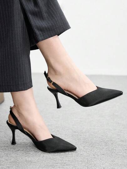 CUCCOO BIZCHIC Women Shoes Spring And Summer New Fashion Versatile Simple And Generous Commuter Office Workplace Thin Heel Pointed Shoes Black Satin Buckle Strap Closed Toe Slingback High Heel Shoes Sandals Party Workplace Wear Four Seasons