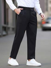 Manfinity Homme Pantalones sólidos con bolsillo en diagonal para ceremonia, casuales y de negocios para hombres maduros - Negro - Ver 4