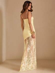 SHEIN BAE Đầm không tay màu vàng trơn bằng vải satin, phối ren xuyên thấu, dành cho mùa xuân/hè, đầm satin vàng, đầm phối ren, đầm thanh lịch. - Màu vàng - Xem 1