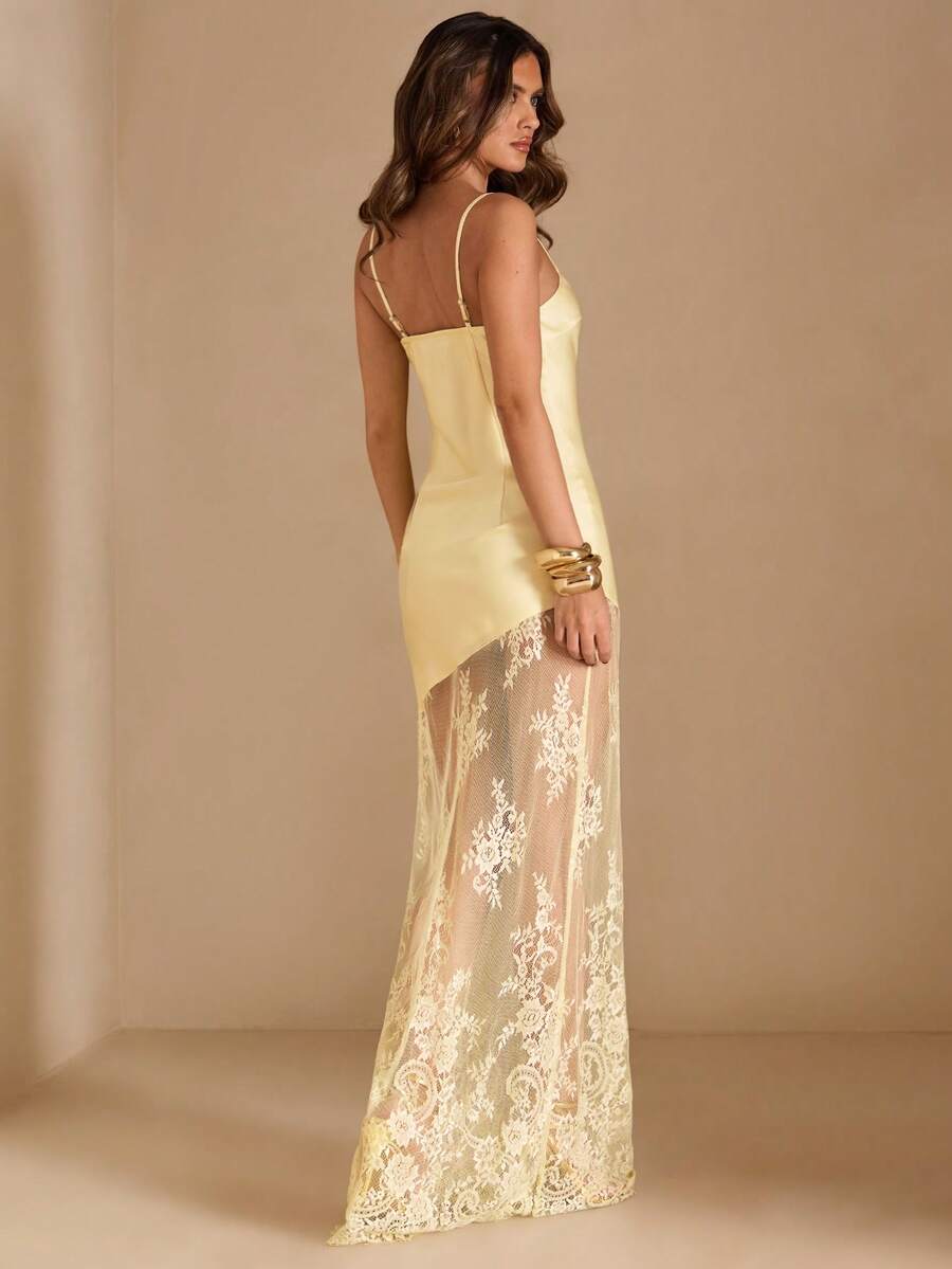 SHEIN BAE Đầm không tay màu vàng trơn bằng vải satin, phối ren xuyên thấu, dành cho mùa xuân/hè, đầm satin vàng, đầm phối ren, đầm thanh lịch. - Màu vàng - Xem 1