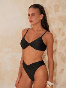 Swim Chiccia Women's Solid Color Sexy Minimalist Fashion Textured Fabric Bikini Set, Spring/Summer - Black - View 7