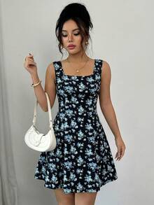 Rafferiza Đầm chữ A không tay dành cho nữ, họa tiết hoa nhí, cổ vuông và thắt eo. - màu đen - Xem 7