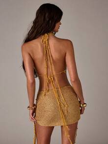 SHEIN BAE 女士夏季度假亮片前扭结露背针织上衣 - 金色 - 查看 3