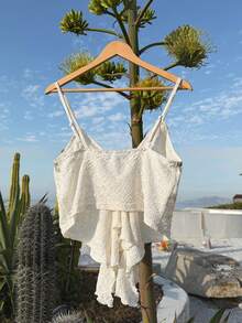 Sweetra Plus Size Bohemian Style Beaded Shell Decor Lace Asymmetrical Hem Camisole - Apricot - View 2