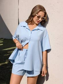 Juhart Bộ 2 món áo sơ mi cổ bẻ và quần short nữ cỡ lớn, thích hợp cho hoạt động ngoài trời mùa xuân/hè. - Màu xanh lam - Xem 1