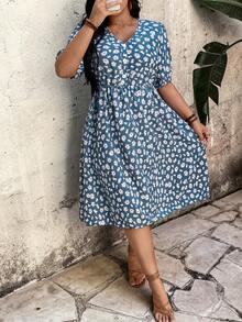 Breezaya 大码女式优雅印花V领短泡泡袖长款度假连衣裙，夏季女式长裙套装 - 藍色 - 查看 5