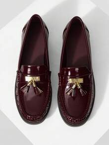 Mnmlis Women's Fashion Versatile Commuting Burgundy Flat Loafers, Retro British Style Fringe Flat Shoes - Burgundy - View 2