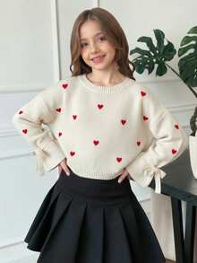 SHEIN 少女秋冬季棕色咖啡色针织罗纹袖口系带蝴蝶结宽松套头毛衣 - 紅白色 - 查看 3