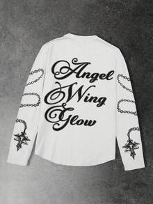GENIUS ODE 街头风暗黑天使印花长袖T恤，宽松圆领男士图案T恤 - 白色 - 查看 2