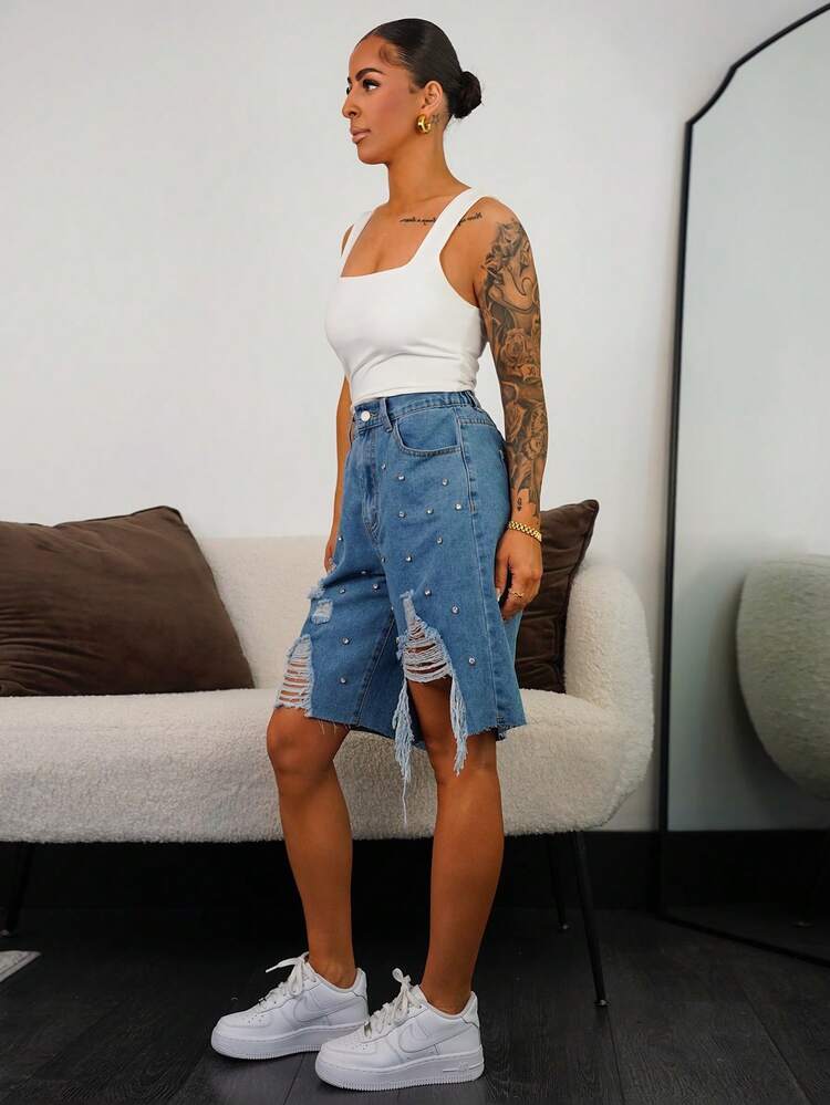 SAYEHFBABY Quần short denim nữ cạp thấp, rộng rãi, rách 5 điểm, họa tiết kim cương Bermuda / Quần short denim xanh nhạt / Quần áo mùa thu nữ / Trở lại trường / Quần áo đồng quê nữ / Quần áo hòa nhạc đồng quê / Quần áo nữ cổ điển / Quần áo đi chơi / Quần áo sân bay nữ / Trang phục đường phố nữ / Quần áo nữ phong cách Y2K - Rửa trung bình - Xem 6