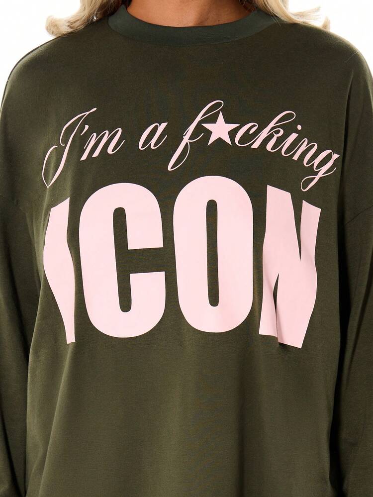 SUMWON Oversized Long Sleeve Graphic Tee With Icon Star Print Statement Text Slogan Crew Neck Cotton Casual Winter Fall Pullover Top