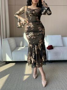 DAZY 女士优雅亮片花卉褶皱鱼尾喇叭袖连衣裙，春夏婚礼宾客礼服 - 黑色 - 查看 7