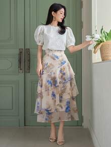 DAZY Women's Elegant Floral Ruffle Layered Skirt, Spring/Summer - Blue - View 3