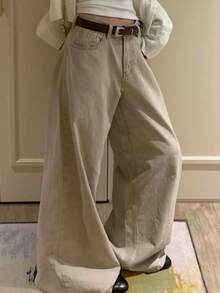 DAZY Vintage Washed Loose High Waist Slimming Wide Leg Straight Dragging Jeans - Khaki - View 8
