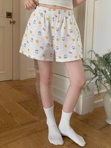 DAZY Cute Cartoon Bear & Fruit Print Textured Fabric Short Women Pajama Bottoms - White - View 6