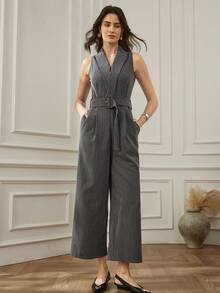Dazy-Less Women's Casual, Everyday, Workwear Sleeveless Wide Leg Jumpsuit With Peak Collar And Waist Belt, Spring/Summer - Grey - View 3