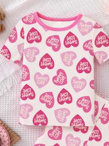 2 pièces/Set Pyjamas ajustés pour jeunes filles, haut à manches courtes et short imprimés de cœurs roses et de lettres, élégants et . Printemps/Été - Rose bonbon - Voir 4