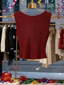 Franclia Women's New Sleeveless Scoop Neck Cinched Waist Elegant Silhouette T-Shirt, Suitable For Daily Wear And Gatherings - Red - View 2