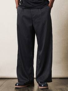 SUMWON 阔腿细条纹休闲宽松长裤时尚竖条纹长裤 - 黑色 - 查看 1