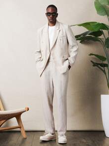 SUMWON Men's Light Beige Linen Feel Double Breasted Blazer With Matching Straight Leg Suit Pants Two Piece Formal Business Wedding Summer Set - Beige - View 6