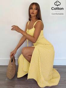 Siren Gaze Đầm midi xẻ tà hai dây in họa tiết kẻ caro thường ngày dành cho nữ, quần áo mùa hè nữ, bộ đồ mùa hè nữ, quần áo nữ, váy chống nắng cỡ lớn cho nữ, váy mùa hè màu vàng, váy chống nắng màu vàng cho nữ, váy cotton mùa hè cho nữ, váy kẻ caro mùa hè, váy mùa hè phong cách boho, váy nữ đi nghỉ lễ năm mới, khu nghỉ dưỡng. - Màu vàng - Xem 2