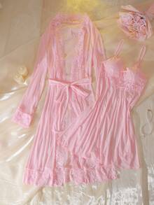 DelicateAllure Bộ đồ ngủ phòng ngủ trưởng thành thêu ren thanh lịch, bộ đồ ngủ 2 món quyến rũ dành cho nữ - Màu Hồng baby - Xem 6