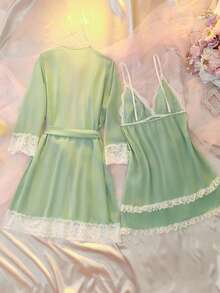 DelicateAllure 性感网纱蕾丝拼接睡裙及系带睡袍套装，迷人睡衣，冬季服装 - 綠色 - 查看 7