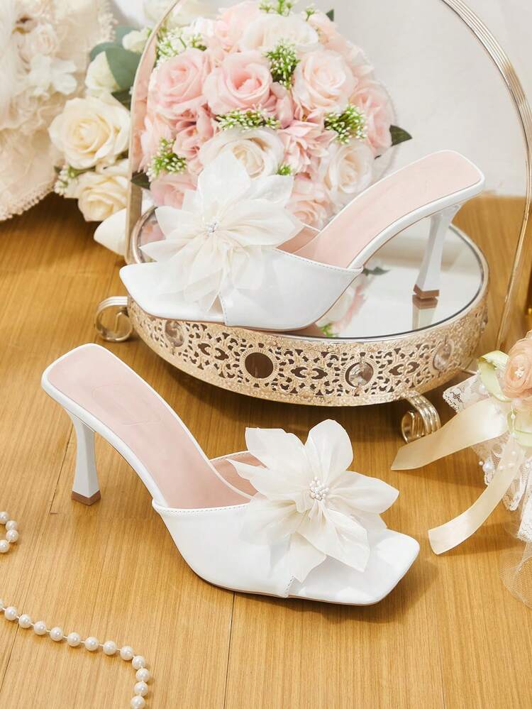 CUCCOO HITCHD Women's Square Toe Stiletto High Heel White Sexy Fashion Floral Slip-On Mule Sandals, Suitable For Dresses, Party, Nightclub Wedding Shoes Spring Shoes Bride Shoes