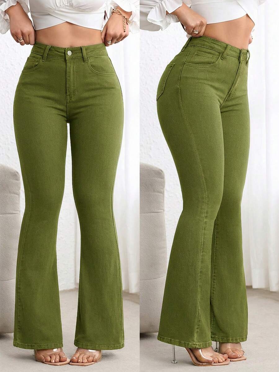 Flexra Quần jeans ống loe màu trơn đơn giản dành cho nữ, thích hợp mặc đi làm hàng ngày. - màu xanh lá - Xem 1