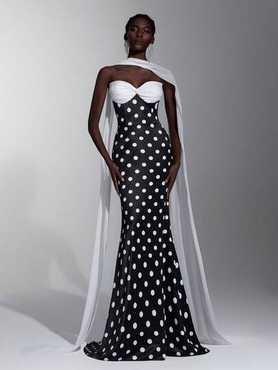 Elitara Elegante, romántico y de moda Vestido de fiesta elegante con estampado de lunares en blanco y negro de satén, con escote sin tirantes y bajo de cola de pez. Vestido de invitada de boda, conjunto de 2 piezas con estampado de lunares, vestido de despedida de soltera, vestido de gala formal, vestido formal para cena