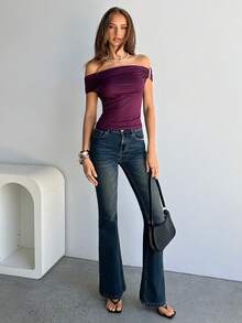 Aloruh Celana Jeans Kasual Musim Panas Wanita dengan Saku Miring, Musim Panas, Musim Semi, Liburan, Celana Jeans Flare Bbl Wanita, Celana Jeans Pinggang Rendah, Celana Jeans Flare Y2k - Biru - View 12