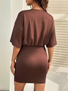 SHEIN Elegant Maternity Summer Dress, Simple Solid Color Loose Drop Shoulder Pleated Fitted Dress - Brown - View 3