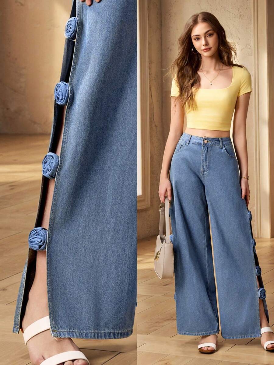 Selenza 女士休闲时尚性感度假风3D花卉镂空宽松阔腿牛仔裤 - 藍色 - 查看 1