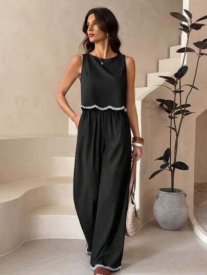 SHEIN Tall Women's Fashion Vacation Casual Contrasting Color Lace Trim Camisole Top & Pants 2 Pieces Set,All-Season, Black Set Women, Sleeveless Top And Pants 2 Pieces Set, Fall Women Clothes,Business Casual Woman,Wide Leg Pants Woman 2 Pieces Set,Lace Wave Edge Shirt Summer Casual Black