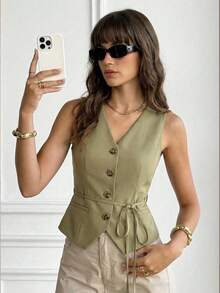 BizChic Áo vest dáng suông màu xanh lá cây nhạt, thắt nơ trang trí, thích hợp mặc nhiều lớp, đi làm, hàng ngày, lãng mạn, thường ngày, phong cách thập niên 90, Giáng sinh, Lễ Tạ ơn, tiệc sang trọng, đi biển, lễ tốt nghiệp, thời trang, phù hợp cho khách dự đám cưới, chủ nhà, hẹn hò, tiệc tùng, hòa nhạc, bữa ăn sáng muộn, sân bay. - Màu Khaki - Xem 1