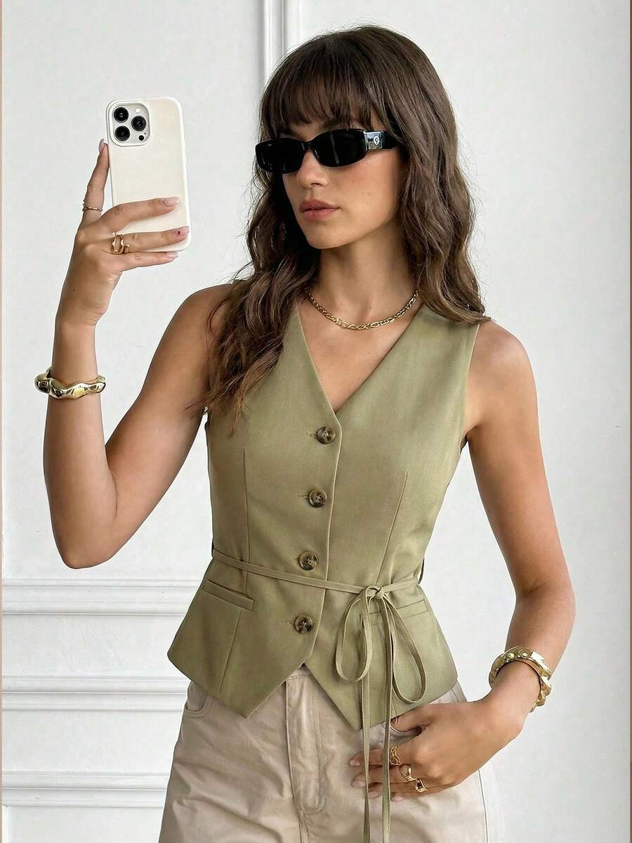 BizChic Áo vest dáng suông màu xanh lá cây nhạt, thắt nơ trang trí, thích hợp mặc nhiều lớp, đi làm, hàng ngày, lãng mạn, thường ngày, phong cách thập niên 90, Giáng sinh, Lễ Tạ ơn, tiệc sang trọng, đi biển, lễ tốt nghiệp, thời trang, phù hợp cho khách dự đám cưới, chủ nhà, hẹn hò, tiệc tùng, hòa nhạc, bữa ăn sáng muộn, sân bay. - Màu Khaki - Xem 1