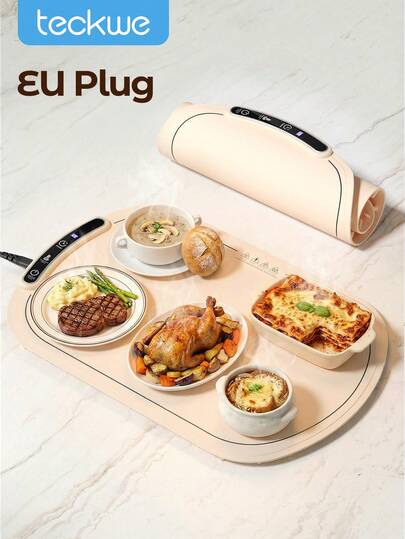 Teckwe 1pc Beige Food Warming Mat, Electric Food Warmer Trays For Chafing Dishes & Buffet,Portable Countertop Food Warmers For Parties, 8-Level Temp 8-Hour Timer-EU Plug