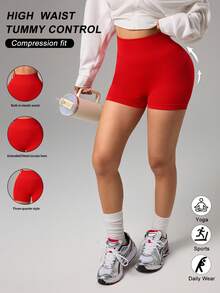 Easithlete 女士纯色弹力腰带休闲健身短裤 - 紅色 - 查看 2