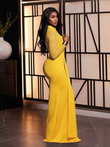 BamGleam 女士优雅派对高领网纱拼接金属花卉装饰修身连衣裙，鱼尾裙摆 - 黃色 - 查看 6